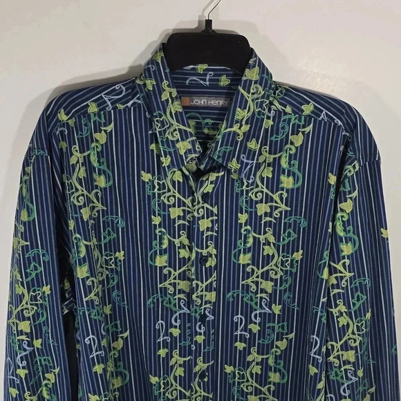 {John Henry} Men's Blue Striped Ivy Print Button-Down Shirt - Size XL - Picture 5 of 13